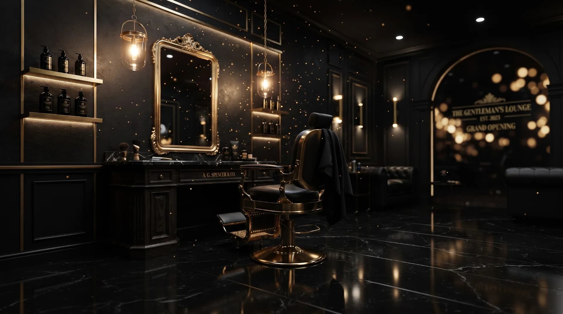 A refined black-and-gold barber lounge