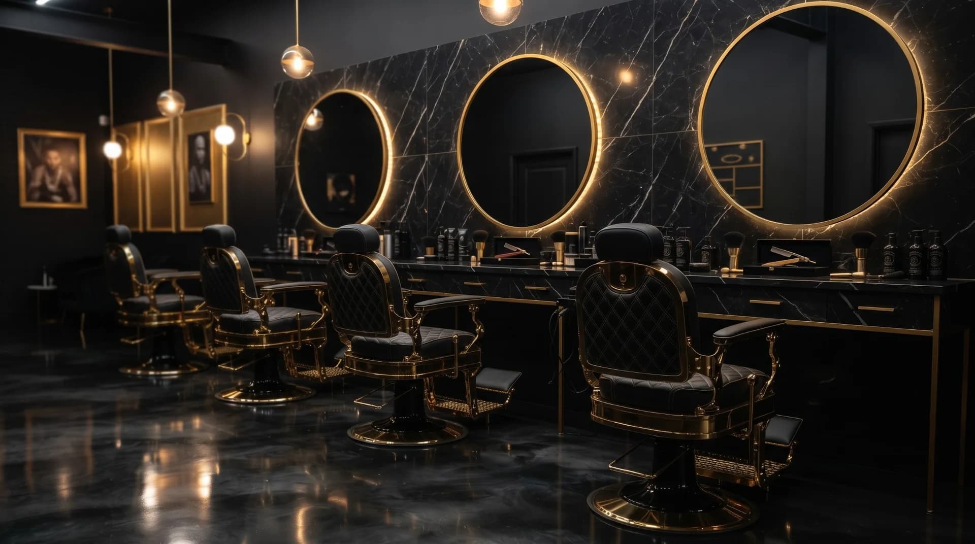 Black marble barber stations with gold-framed mirrors